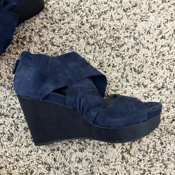Eileen Fisher Draw Suede Open Toe Navy 4” Platform Wedge Leather Sandals - Picture 9 of 9